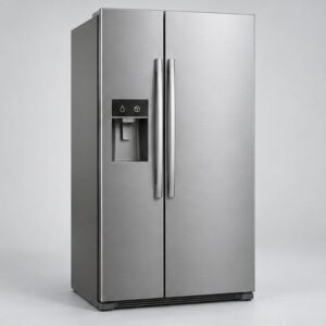 Stainless side-by-side refrigerator with full-height freezer and fridge doors and an ice and water dispenser