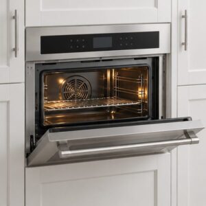 Certified Microwave Repair Service in Toronto 99 Built-in stainless convection speed oven with its drop-down door open, showing the convection fan