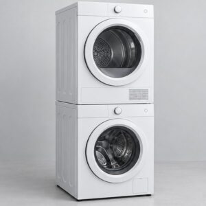 Washing Repair 99 White front-load dryer stacked on top of a matching washer