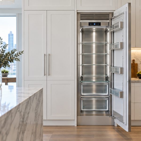 Panel-ready fresh-food and freezer columns built into white shaker cabinets, one open to show a stainless interior