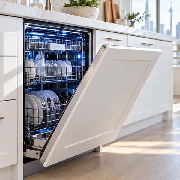 Thermador Dishwasher Repair in Toronto & GTA 82 Panel-ready dishwasher with a white shaker panel, door half open and the interior lit soft blue