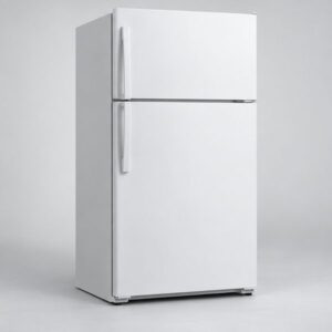 White top-freezer refrigerator with a small freezer door above the main fridge door