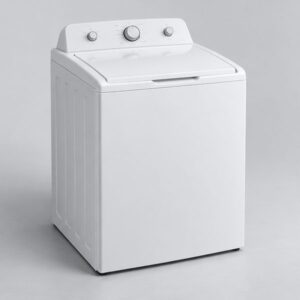 White top-load washing machine with the lid closed and a rear control panel