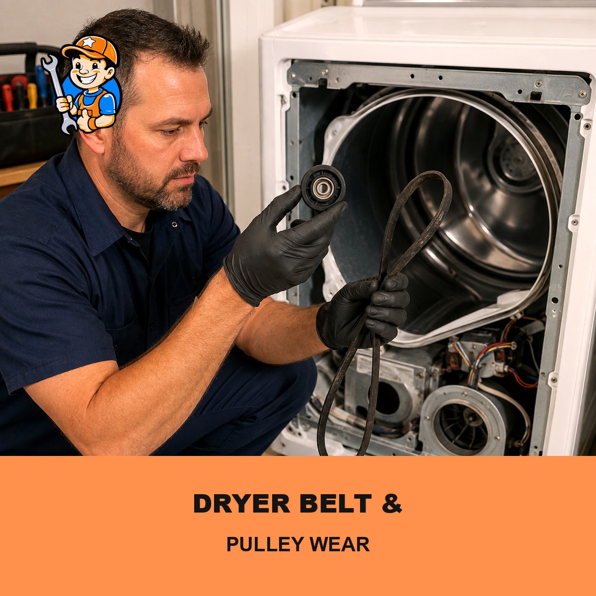 Technician inspecting a worn dryer idler pulley and belt