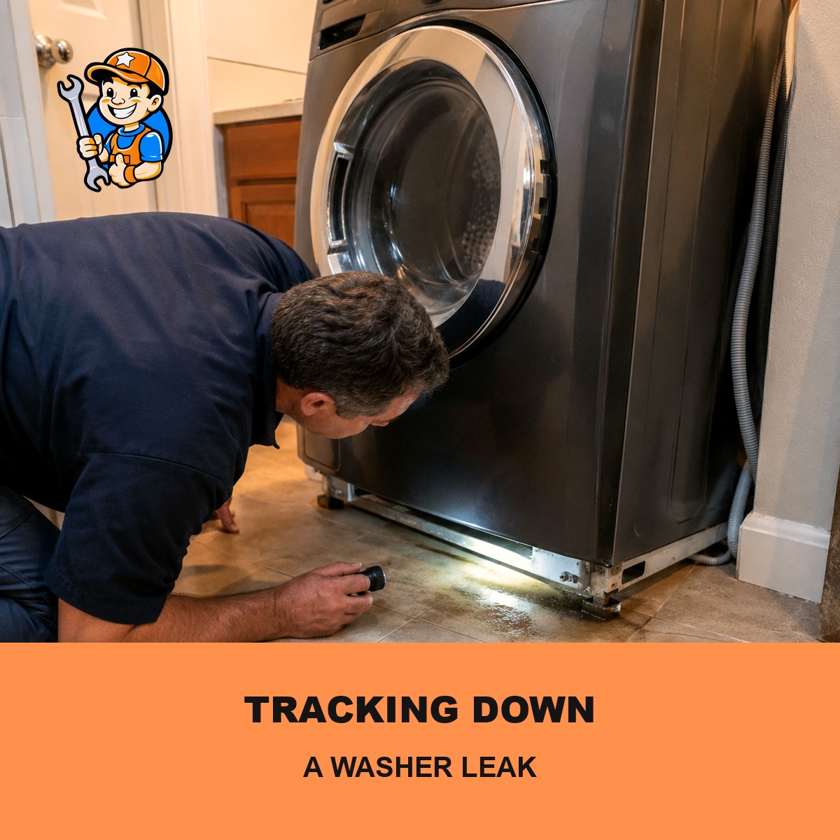 Technician inspecting underneath a washing machine for leaks