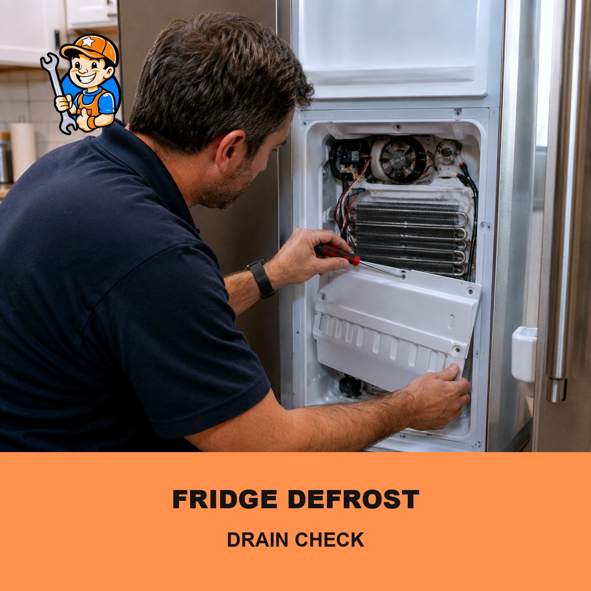 Technician inspecting a refrigerator defrost drain