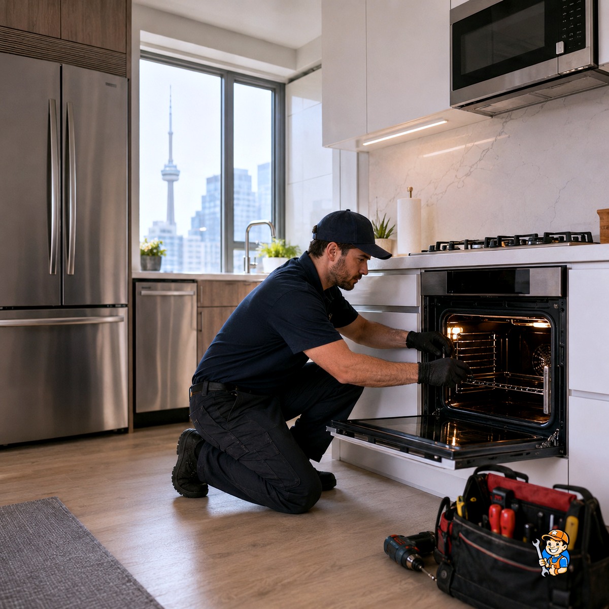 Expert Appliance Repair Services in Toronto 2 Technician servicing multiple major appliance brands in a Toronto kitchen