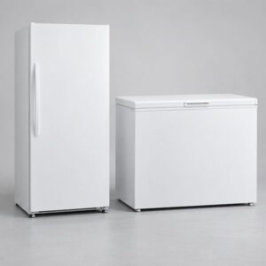 White upright freezer standing next to a white chest freezer