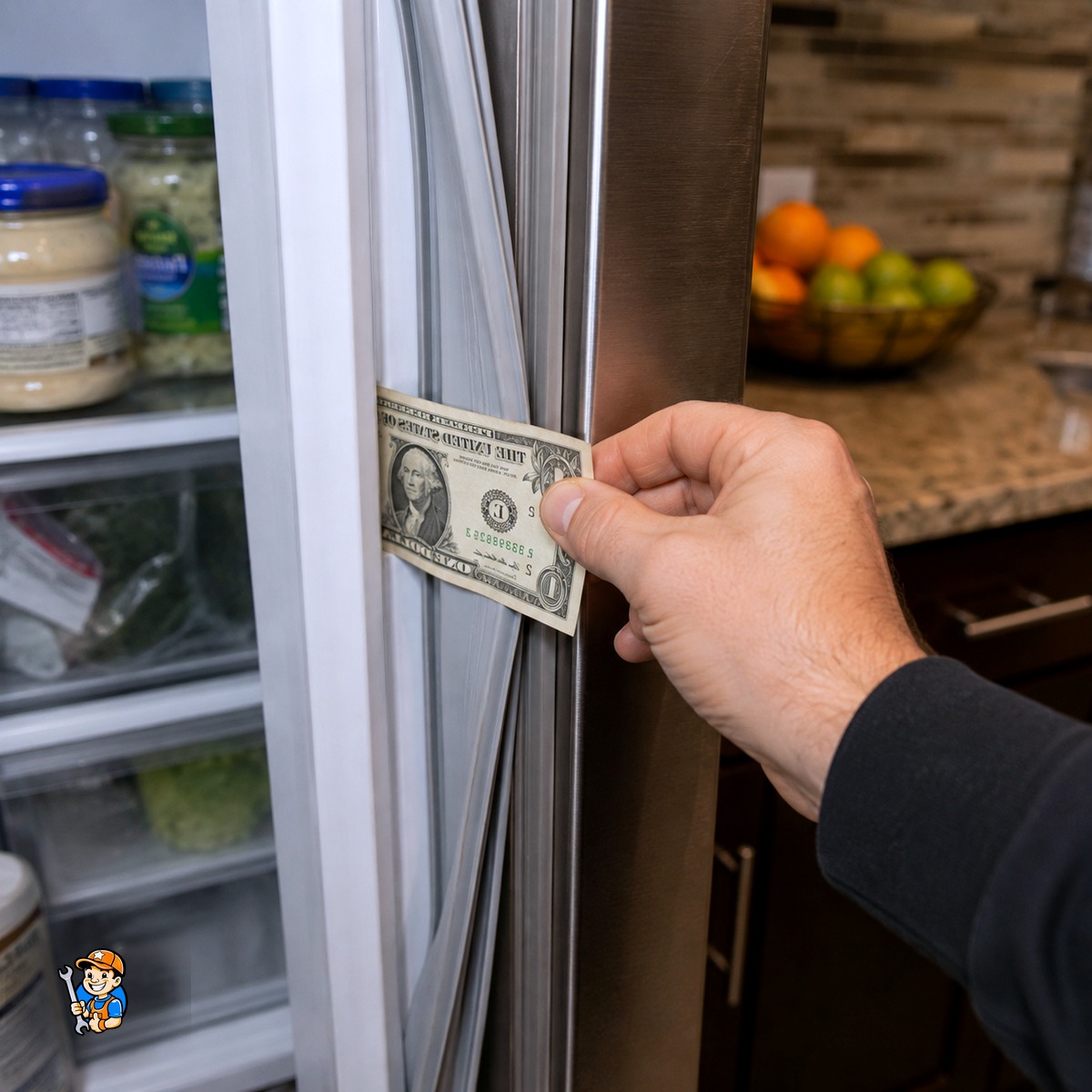 Appliance Maintenance Tips for Vaughan Homeowners 3 Technician testing a refrigerator door gasket seal with a dollar bill