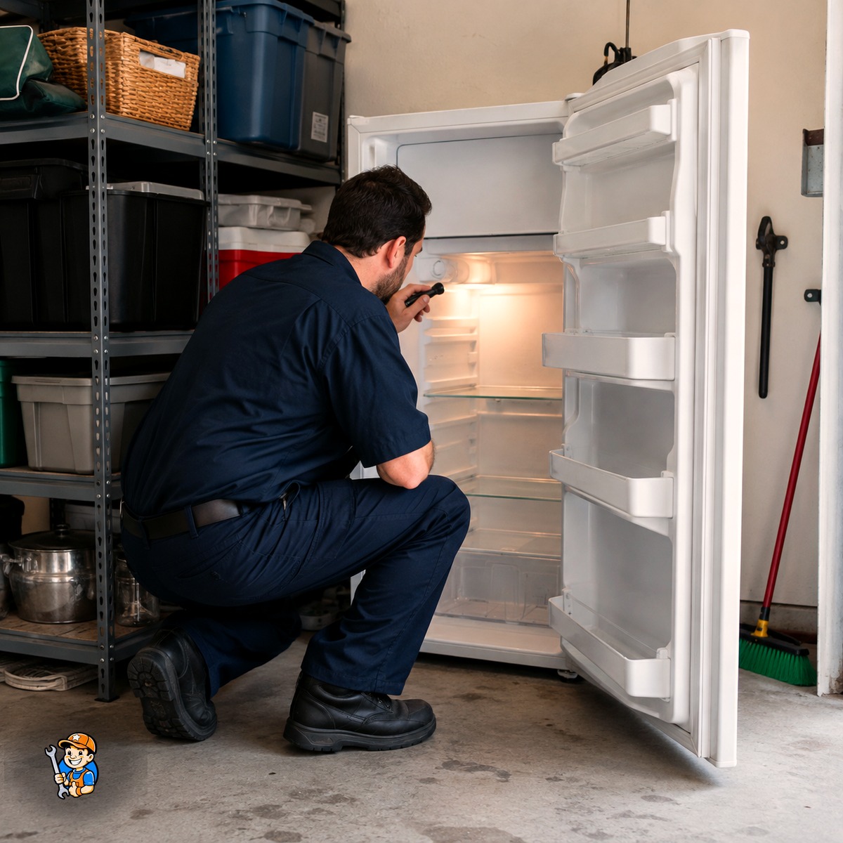 Appliance Maintenance Tips for Vaughan Homeowners 4 Technician inspecting a secondary refrigerator in a Vaughan garage