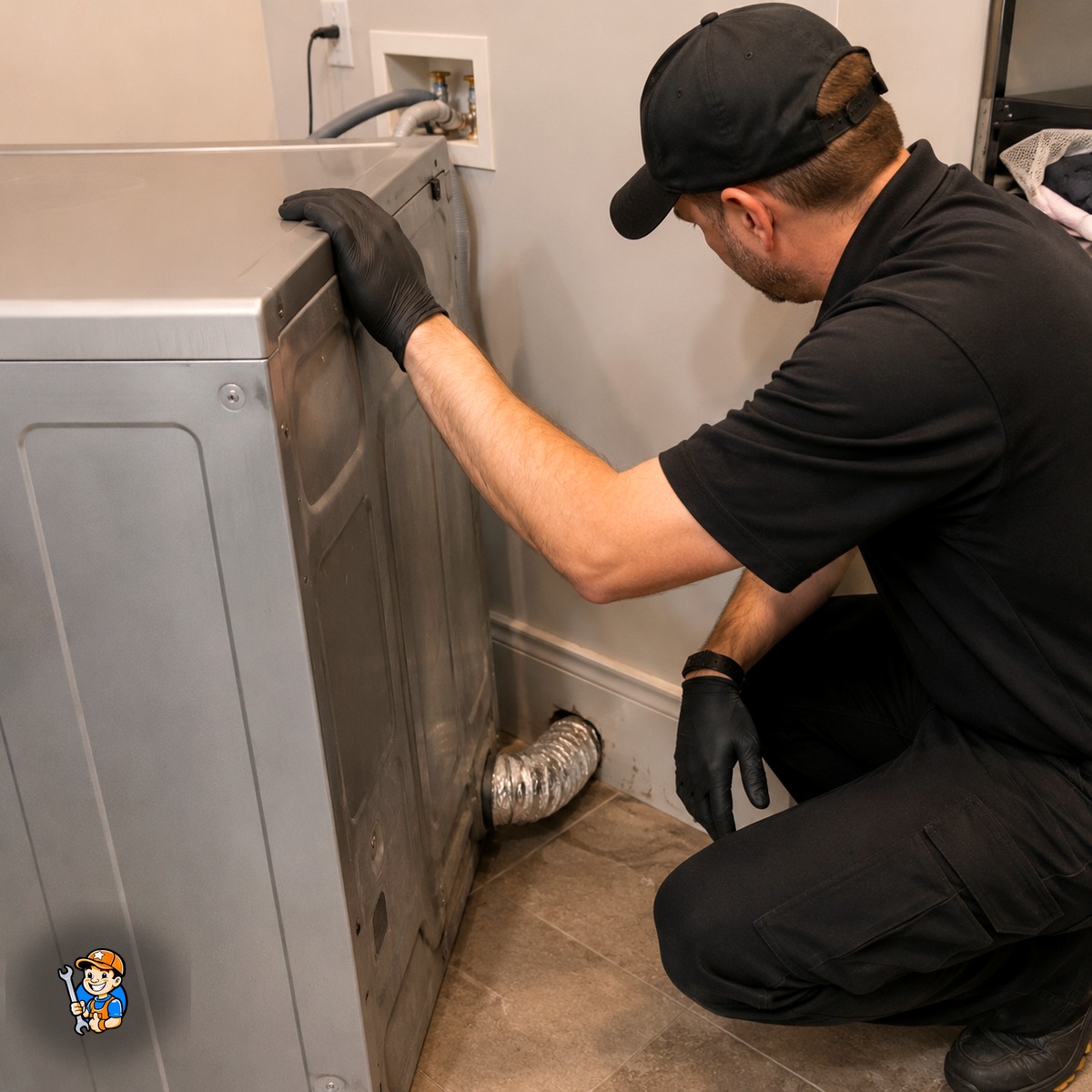 Appliance Maintenance Tips for Vaughan Homeowners 7 Technician inspecting a crushed dryer exhaust transition duct