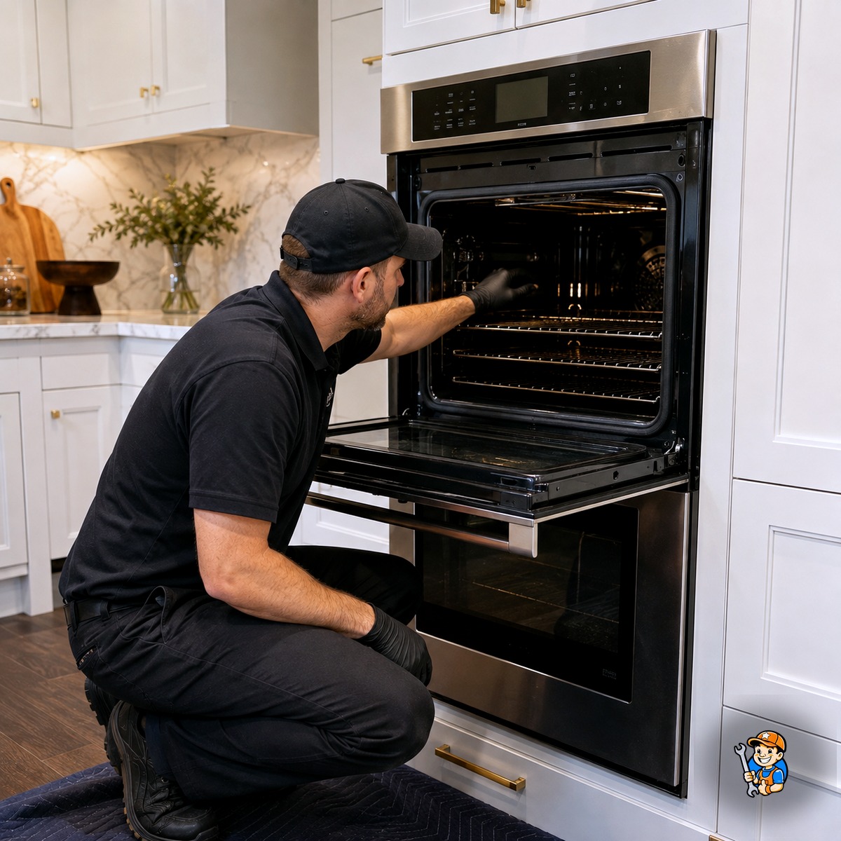 Appliance Maintenance Tips for Vaughan Homeowners 8 Technician inspecting a built-in double wall oven in a Kleinburg kitchen
