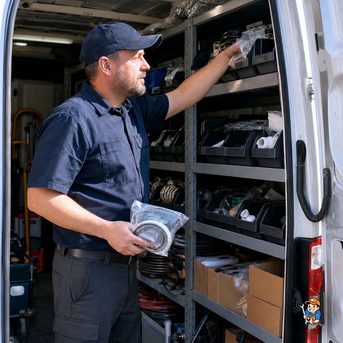 Same-Day Appliance Repair: Vaughan's Fastest Fixes 3 Technician selecting a stocked replacement part from a service van