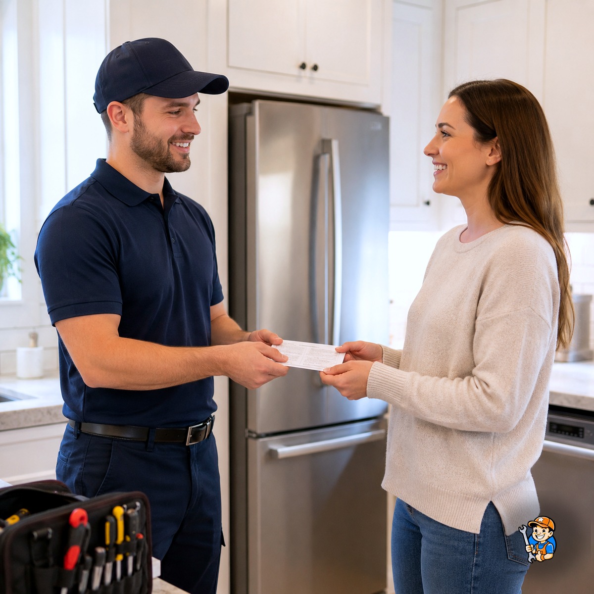 What Makes Star Appliance Repair a Top Choice in Vaughan? 3 Technician handing a homeowner a completed repair warranty card