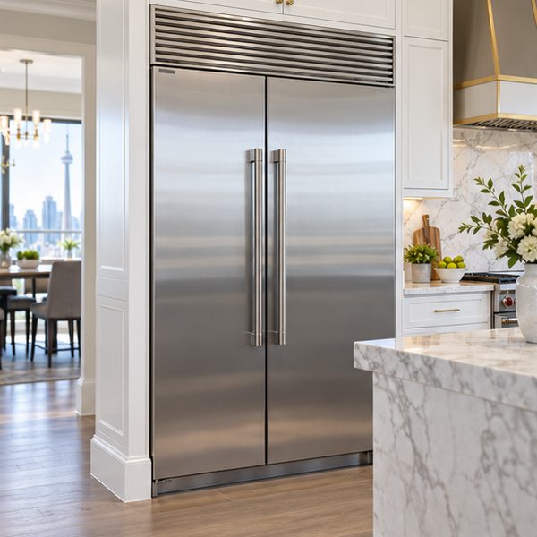 Viking Refrigerator Repair in Toronto & GTA 82 48-inch stainless built-in side-by-side refrigerator with a top grille and professional tubular handles