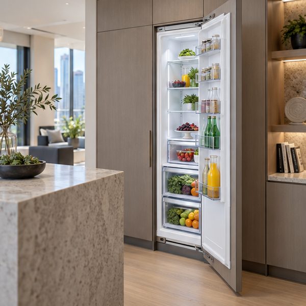 Fully integrated column refrigerator behind a grey cabinet panel, open to show a lit interior