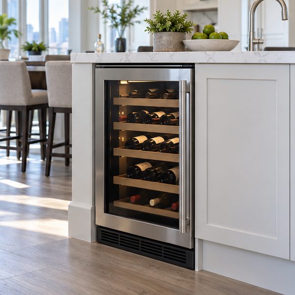 Undercounter glass-door wine cellar under a white quartz kitchen island
