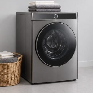 Washing Repair 100 Graphite all-in-one washer-dryer combo with folded towels on top and a basket of dry laundry beside it