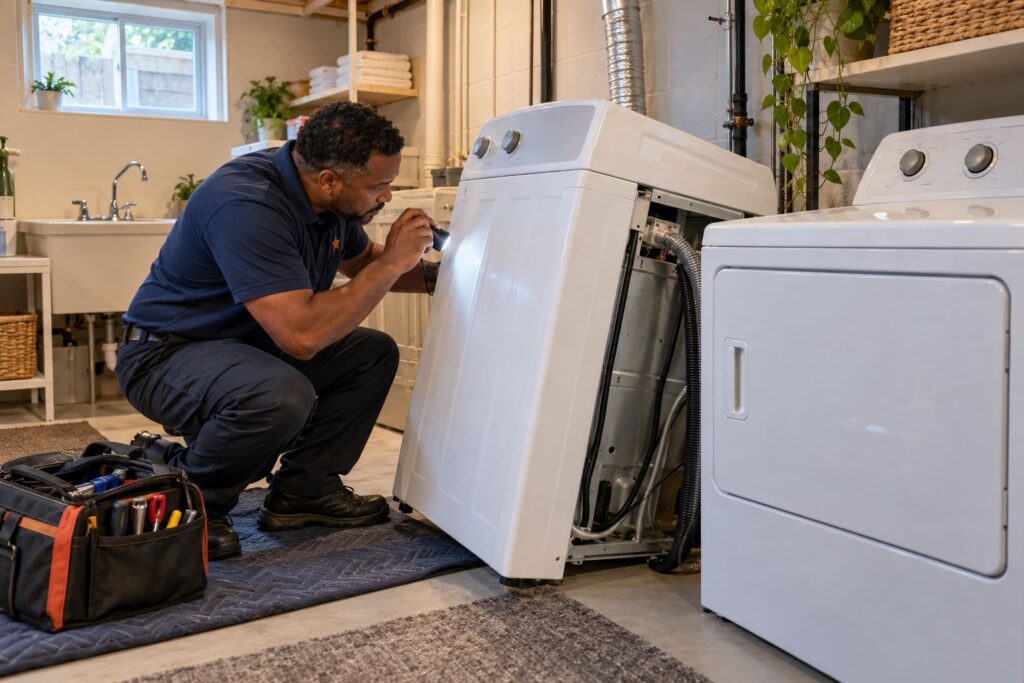 Technician checking the drain system of a top-load washer in a Toronto laundry room