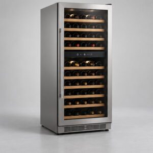 Refrigerator repair 102 Dual-zone wine cooler with a glass door and wine bottles on wooden shelves